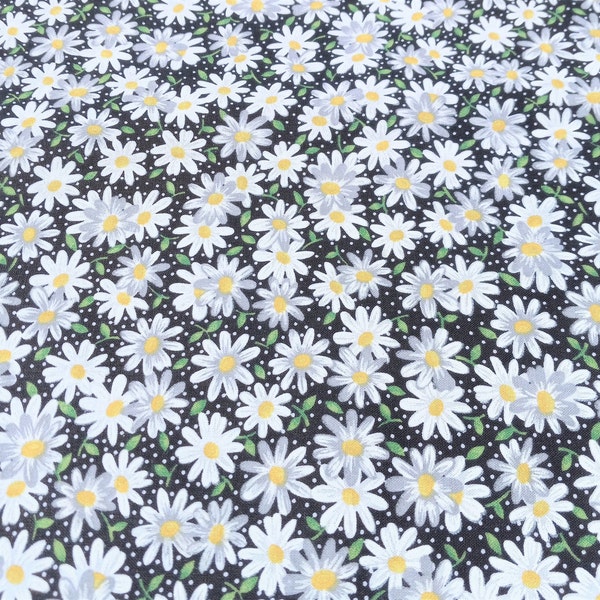 Daisy Fabric, Floral Fabric on Black, White Daisies Print, Apparel or Quilt Fabric, NEW Fabric Off the Bolt BTHY - 1/2 Yard - NF4195