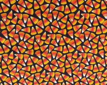 Candy Corn on Black Fabric, October Fun, Yellow Orange Red White, All Over Print, OOP Holiday Fabric BTHY - Per HALF Yard - HF3623