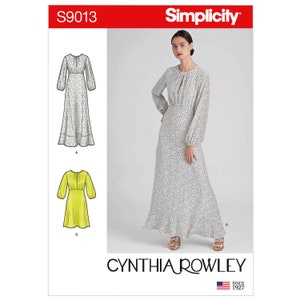May include: Simplicity sewing pattern S9013 featuring a Cynthia Rowley design. The image shows a woman wearing a long, white dress with black polka dots. The pattern includes illustrations of the dress and a shorter version.