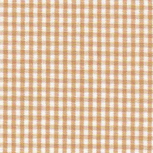 May include: Close-up of a fabric with a tan and white gingham pattern. The fabric is woven with a repeating square design, creating a classic and simple aesthetic. The pattern is evenly spaced and provides a clean, textured look.