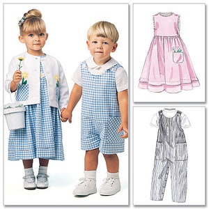 May include: Two children in matching outfits, a girl in a blue gingham dress and white cardigan with flower accents, and a boy in blue gingham overalls. The image also shows illustrations of a pink dress and gray overalls.