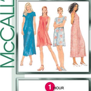 May include: A McCall's sewing pattern featuring four dress designs. The dresses are in blue, coral, light blue floral, and red and white gingham. The image includes the text "McCall's" and "1 HOUR".