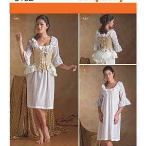 May include: Simplicity pattern 8162 features a white dress with ruffled neckline and bell sleeves, paired with a tan corset bodice that has front and back lacing. The pattern includes variations for wearing the corset over the dress or alone.