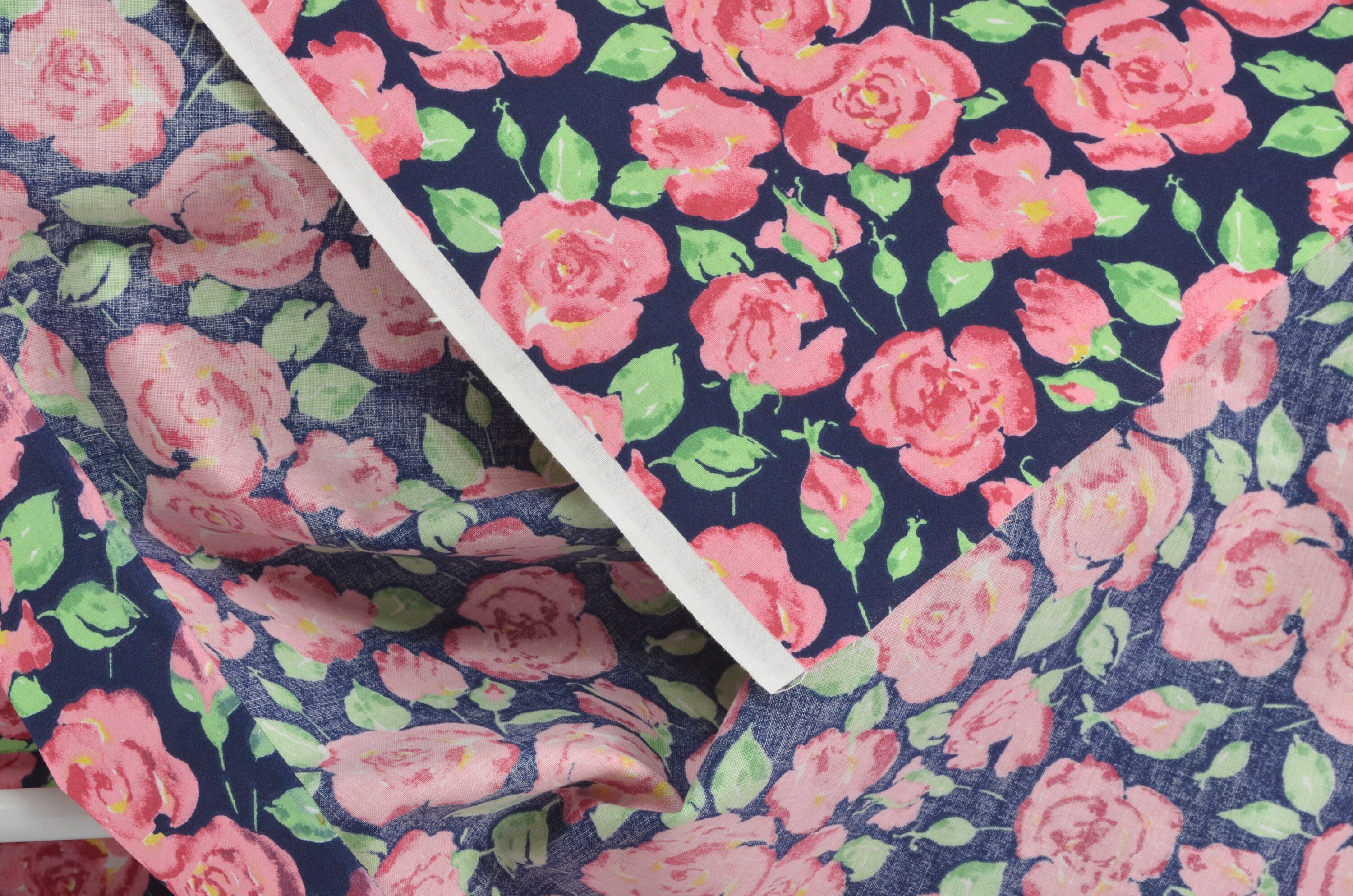 Pink Rose Floral Fabric on Navy Blue, Shabby Chic Floral, Medium Sized ...