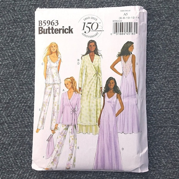 Robe and Nightgown Pattern, Wrap Style Robe and Pajamas, Feminine Nightwear, Butterick 5963, Sizes 6 to 14, NEW OOP Pattern - NP2690