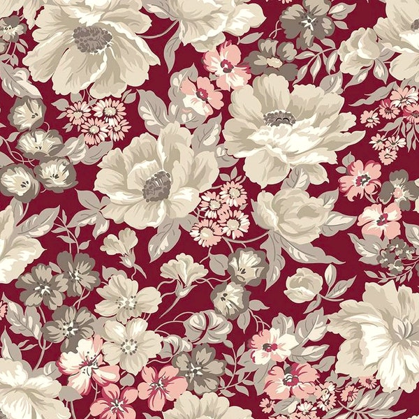 Tan Gray Floral on Ruby Red Fabric, Large Floral, Heartfelt Main Ruby, Gerri Robinson, Riley Blake Designs, NEW Fabric BTHY - NF5134