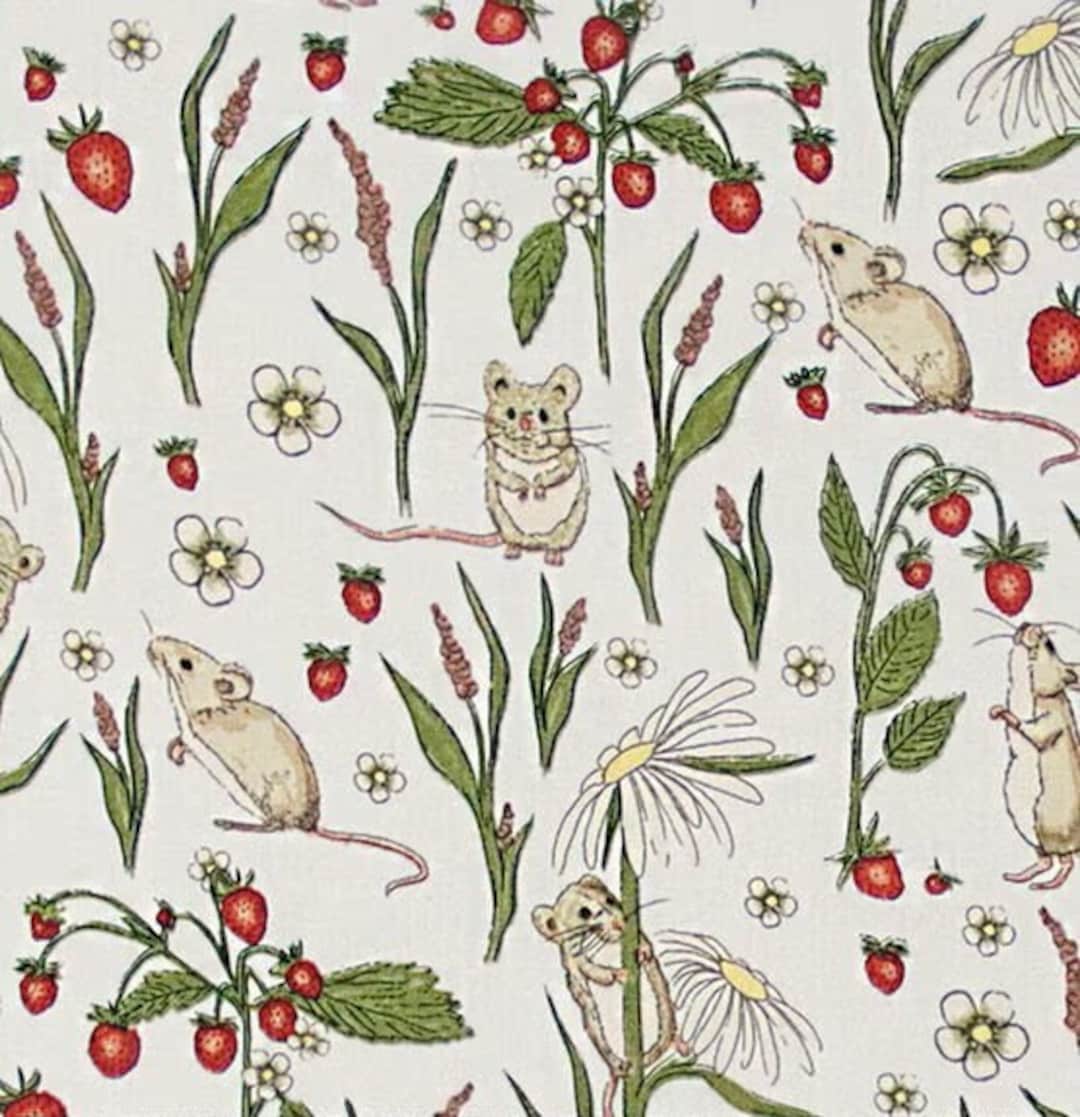 Mouse And Raspberry Fabric Strawberry Stealers Mouse Fabric FQ, Strawberries Mice on White ...