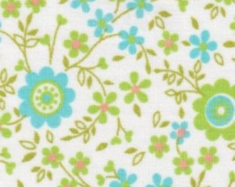 Vintage Style Retro Floral Fabric, Lime Green Aqua Medium Print on White, Fabric Finders 60 In, New OOP Fabric BTHY - Per HALF Yard - NF3842