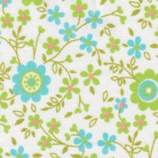 Vintage Style Retro Floral Fabric, Lime Green Aqua Medium Print on White, Fabric Finders, 60 In, NEW OOP Fabric BTHY - 1/2 Yard - NF3842