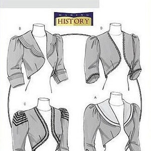 May include: Butterick B5232 Making History sewing pattern envelope featuring four variations of a cropped jacket or bolero. The illustrations show different sleeve styles, collar designs, and trim details on a white background.