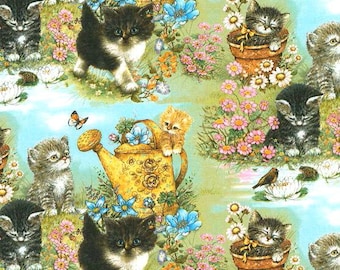 Kitties in the Garden Fabric, Pastel Playful Kittens, Robert Kaufman, Sweet Cats Flowers, Rare New OOP Fabric BTHY - Per HALF Yard - NF5814