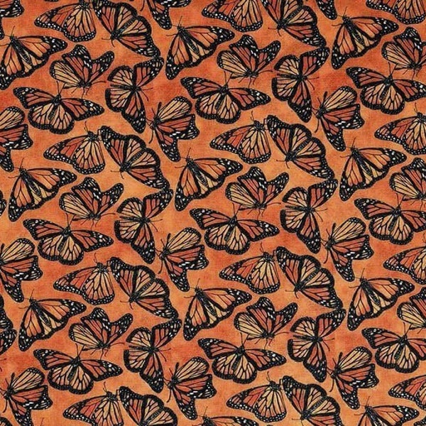 Butterfly Fabric, Realistic Monarch Butterflies on Orange, Black Orange White, NEW Unique Fabric BTHY - 1/2 Yard - NF5165