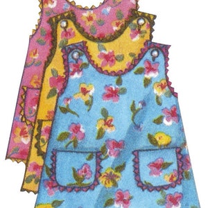 May include: Three floral print dresses in pink, yellow, and blue. Each dress features a scoop neckline, two front pockets, and a scalloped trim. The dresses are adorned with a repeating pattern of pink and yellow flowers.