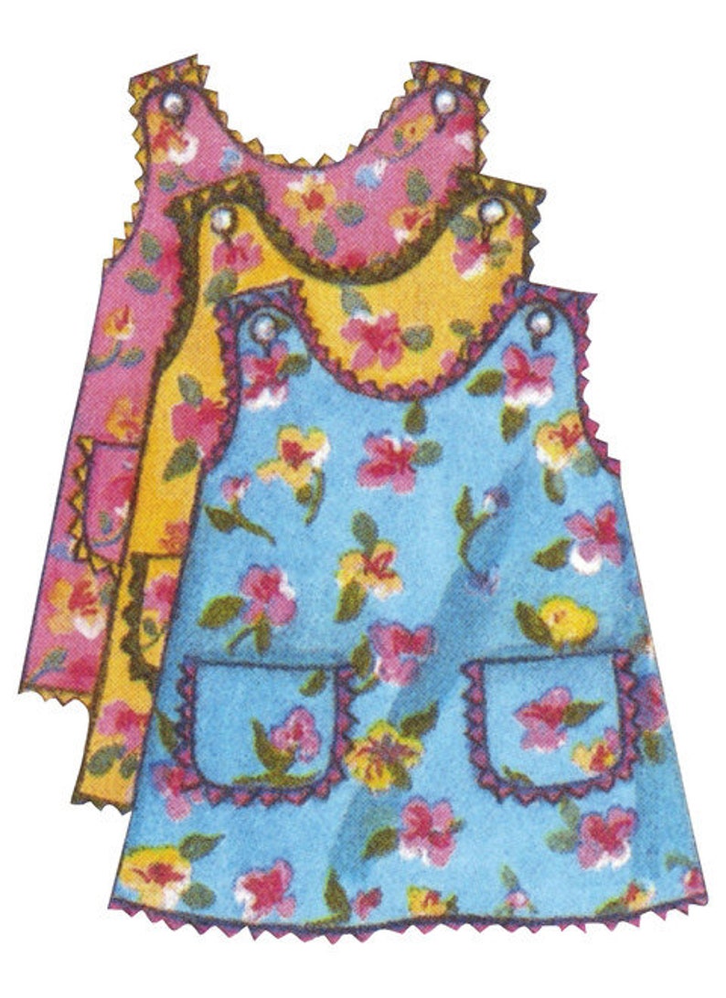 May include: Three floral print dresses in pink, yellow, and blue. Each dress features a scoop neckline, two front pockets, and a scalloped trim. The dresses are adorned with a repeating pattern of pink and yellow flowers.