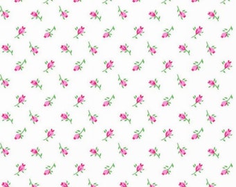 Small Rosebud Print on White Flannel Fabric, Pink Rosebud Floral, 1980s Style, NEW Quality Flannel Fabric - 20 Inches - FF5162