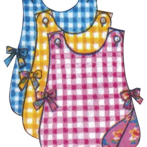 May include: Three colorful bibs in blue, yellow, and pink gingham patterns. Each bib has a rounded neckline, a bow on the side, and a floral pocket. The bibs are designed for babies and toddlers.