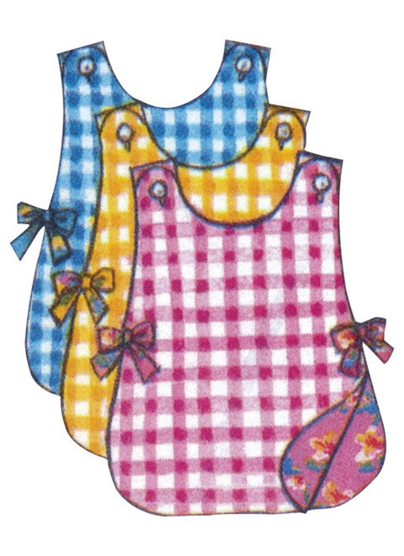 May include: Three colorful bibs in blue, yellow, and pink gingham patterns. Each bib has a rounded neckline, a bow on the side, and a floral pocket. The bibs are designed for babies and toddlers.