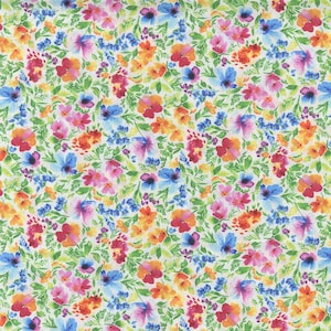 Floral Fabric, Rainbow Floral Garden, Colorful Flower Print on White, Spring Summer Fabric, NEW Fabric BTHY - 1/2 Yard - NF3139