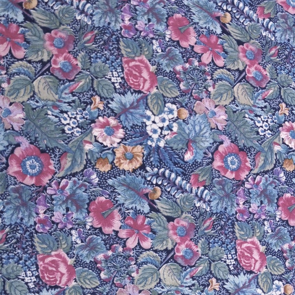 Blue Vintage Floral Fabric, Shades of Blue and Pink, Medium Floral Print, J Kessler, True Vintage Fabric BTHY - 1/2 Yard - VW3053