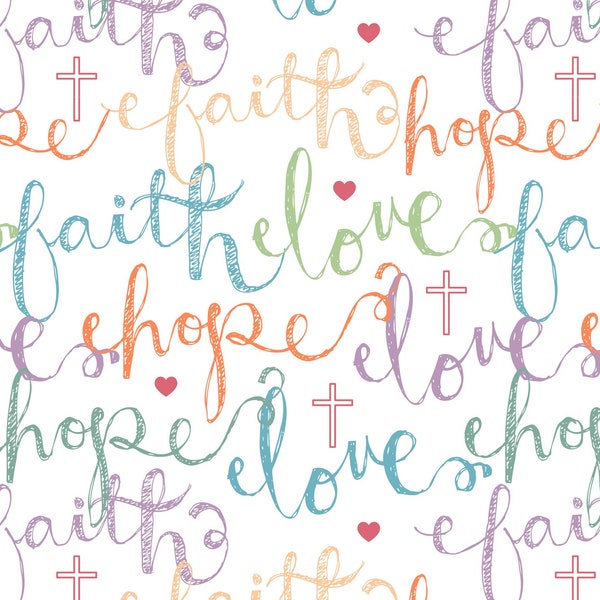 Religious Fabric, Uplifting Words of Faith, Spiritual Conversation Design, Hope Love Joy Charity, NEW Fabric, 17 Inches - N3988