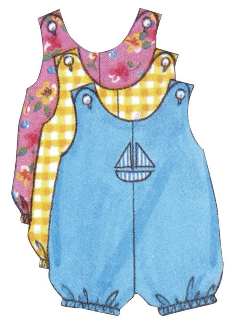 May include: Three baby rompers in a stack. The top romper has a pink floral pattern, the middle one has a yellow and white gingham pattern, and the bottom one is light blue with a sailboat design.