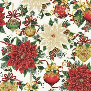 Christmas Ornaments Fabric, Elegant Christmas Splendor, Gold Highlights, Robert Kaufman, NEW OOP Holiday Fabric BTHY - 1/2 Yard - HF4812