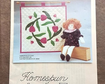 Vintage Quilt Pattern and Rag Doll, Small Quilted Wall Hanging, Homespun Stitches, Applique Quilt and Doll Pattern - QP0622