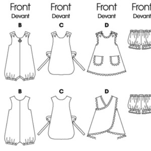 May include: Line drawings of baby clothing patterns. The patterns include a romper, a bubble romper, an apron, a dress, bloomers, and a sun hat. The text "Front" and "Devant" are above the patterns.