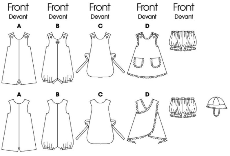 May include: Line drawings of baby clothing patterns. The patterns include a romper, a bubble romper, an apron, a dress, bloomers, and a sun hat. The text "Front" and "Devant" are above the patterns.