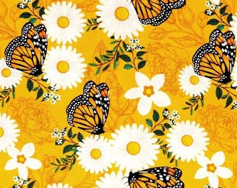 Butterfly and Daisy Fabric, Realistic Monarch Butterflies on Golden Orange, NEW Unique Fabric, 28 Inches - NF5224