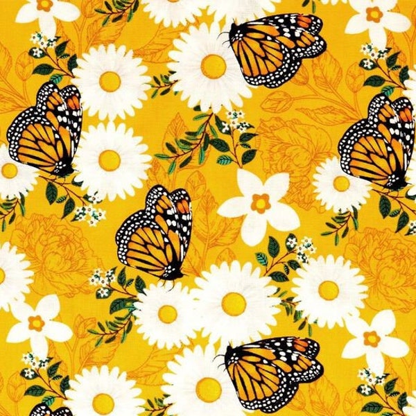 Daisy and Butterfly Fabric, Realistic Monarch Butterflies on Golden Orange, NEW Unique Fabric BTHY - 1/2 Yard - NF4373