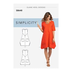 May include: Simplicity sewing pattern S8640 for a dress with pockets. The image shows a woman wearing a short-sleeved, orange dress with large pockets. The pattern includes diagrams of the dress design.