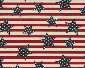 Stars and Stripes Patriotic 4th of July Fabric, Beige Navy Red, Medium Sized Print, New OOP Holiday Fabric BTHY - Per HALF Yard - HF6236
