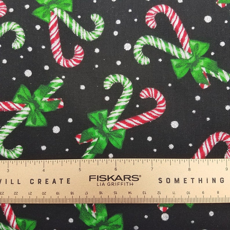 Christmas Candy Canes with Dots Fabric HF2004 12 Yard Large Print NEW Fabric BTHY Black with Silver Highlights
