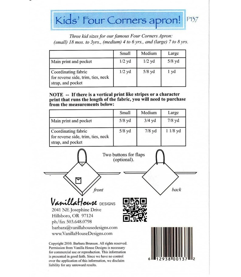 Fou Rcorners Apron Pattern Kids Apron Patterns, Four Corners Apron, by Vanilla House Design No ...