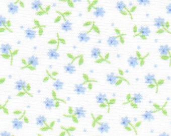 Blue and Green Floral on White Fabric, Mini Blossoms, Fabric Finders, 60 Inch Wide, New OOP Fabric BTHY - Per HALF Yard - NF4189