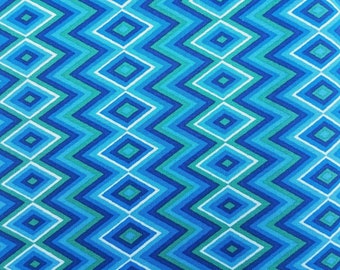 Blue Chevron Diamond Fabric, Geometric Design, Shades of Blue and Green, Quilt Craft Fabric, NEW Fabric BTHY - 1/2 Yard - NF1797