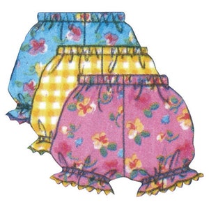 May include: Three pairs of baby bloomers in a stack. The top pair is light blue with a floral pattern, the middle pair is yellow gingham, and the bottom pair is pink with a floral pattern. Each pair has a ruffled hem.