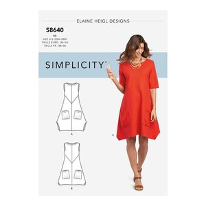 May include: A red dress with short sleeves and two large front pockets. The dress is modeled on a woman. The image also includes a pattern diagram and the text "SIMPLICITY" and "ELAINE HEIGL DESIGNS". The pattern size is U.S. 20W-28W.