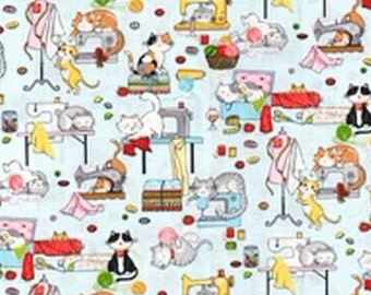 Cats on Sewing Machines Fabric, Kitties on Light Blue, Sewing Room, Sewists Cat Lovers, NEW OOP Fabric BTHY - 1/2 Yard - NF5341