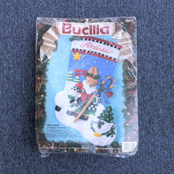 Noel Bunny Christmas Stocking Kit, Daisy Kingdom Rabbit Stocking, Felt Applique, by Bucilla, UNOPENED Very RARE Vintage Kit - CK2824