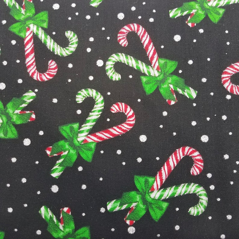 Christmas Candy Canes with Dots Fabric HF2004 12 Yard Large Print NEW Fabric BTHY Black with Silver Highlights