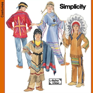 May include: Simplicity costume pattern featuring illustrations of Native American-inspired outfits. The costumes include a red jacket with a yellow cross design, a blue dress, and fringed tan outfits. The pattern includes the text "Simplicity".