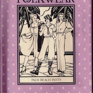 May include: A vintage sewing pattern titled "FOLKWEAR" with an illustration of three women in stylish outfits. The pattern features the text "PALM BEACH PANTS" and is set against a lavender background with a floral pattern.
