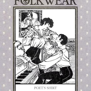 May include: A black and white illustration on a gray background featuring the text FOLKWEAR at the top and POET'S SHIRT at the bottom. The image depicts two figures wearing shirts with ruffled fronts and full sleeves, one playing a piano.