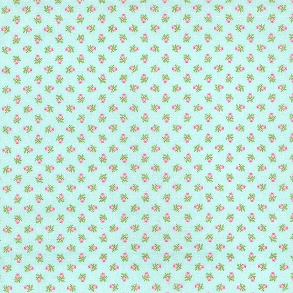 Floral Fabric Rosebud Print, Pink Rosebuds on Light Aqua Blue, Small Calico Floral, 80s Style, NEW OOP Fabric BTHY - 1/2 Yard - NF5067