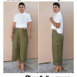 May include: A woman models a white collared shirt and olive green cargo pants. The pants have large pockets and button details. The image includes the text "Mimi G Style" and "Simplicity" with sizing information.