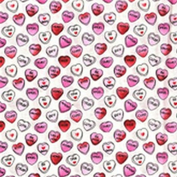 Candy Hearts Valentine Fabric, Conversation Candies, Medium Heart Print, Red Pink White. Holiday Fabric BTHY - 1/2 Yard - HF4141