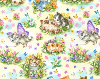 Daydreaming Kitties Fabric, Playful Kittens on Pastel, Robert Kaufman, Sweet Cats Flowers, NEW Fabric BTHY - Per HALF Yard - NF5627