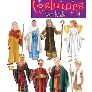 May include: Simplicity Costumes for Kids pattern featuring illustrations of various biblical costumes. The costumes include robes, head coverings, and accessories like staffs and crowns. The color palette includes gold, red, blue, and brown.